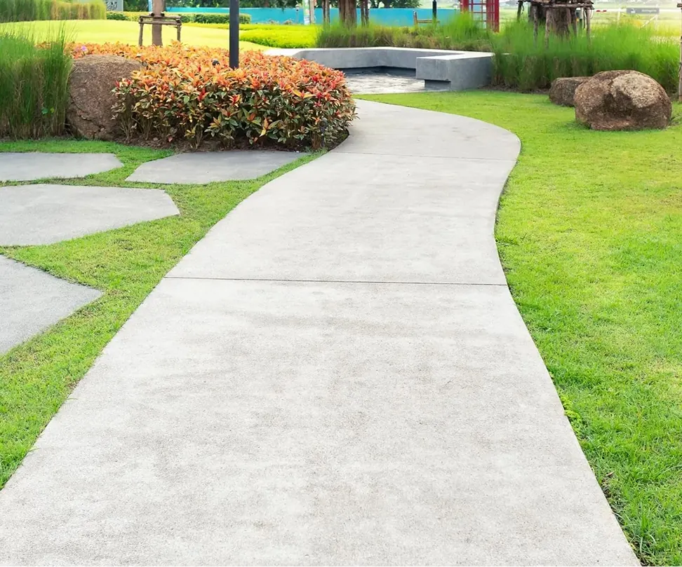 Curved concrete sidewalk through a landscaped yard